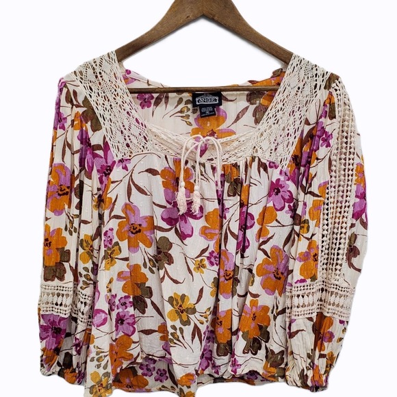 Angie Tops - Angie Womens M Ivory Floral Crochet Lace Peasant Blouse Long‎ Sleeve Boho